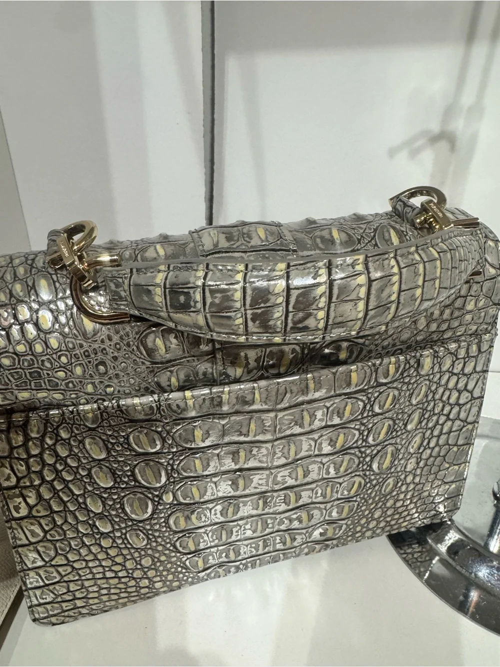 Brahmin Hallie Silver Croc-Embossed Top Handle Satchel